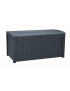 Rozmerný nízkoúdržbový úložný box v dizajne ratanu, suché vetrané prostredie pre skladované veci, vodeodolnosť, nízka hmotnosť, ľahká údržba, farby na slnku neblednú, uzamykateľný, grafitová farba.